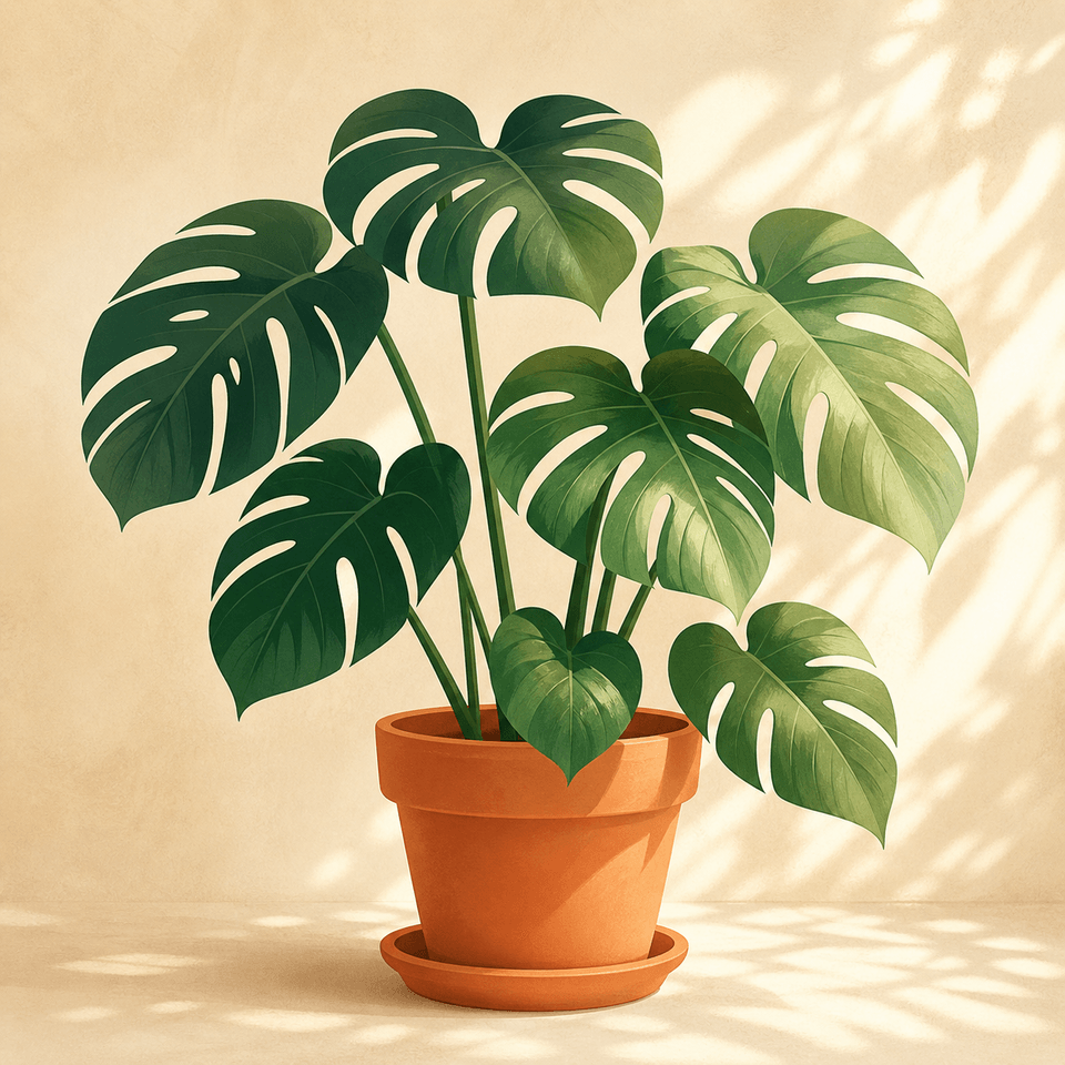 Warm illustrated monstera in a terracotta pot